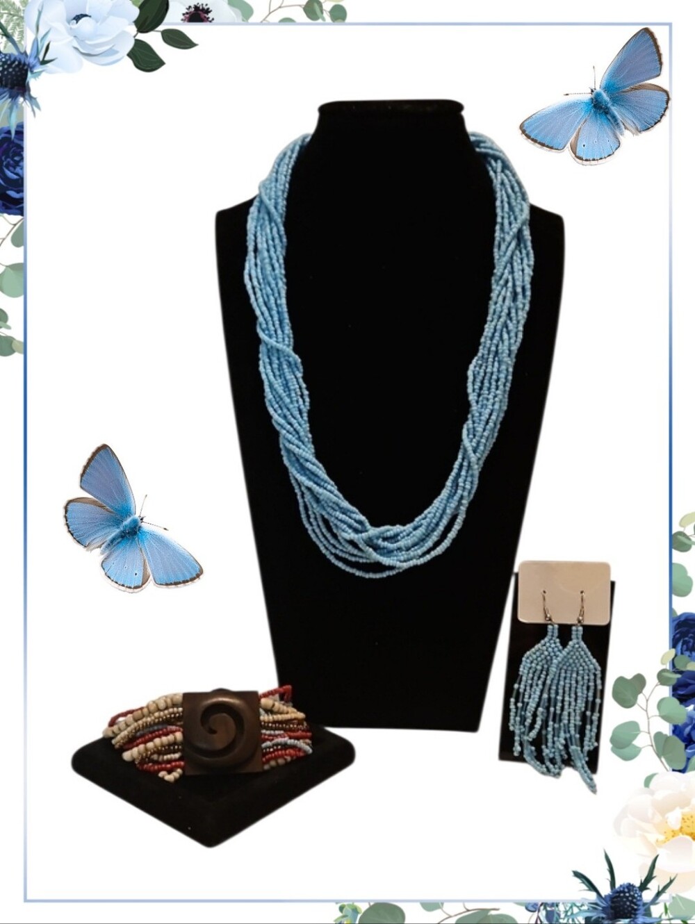 Light Blue Multi-strand Seed Bead Jewelry Set- Necklace, Bracelet & Earrings